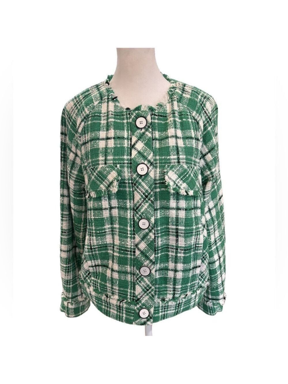 Cabi Size M green and white plaid lightweight jacket. Spring St Patrick Easter